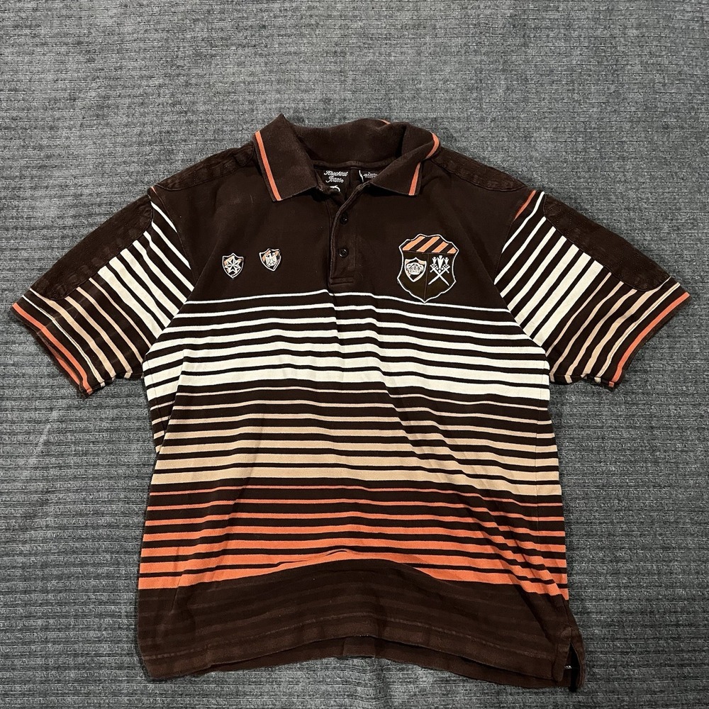 Y2K Knockout Jeans Polo Shirt Men's Large Hip Hop Baggy Style Brown Stripes 90's